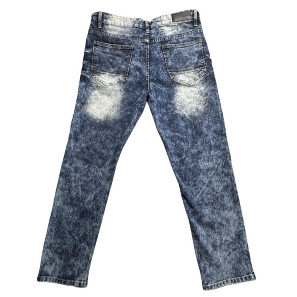 WT02 Jeans Mens 36x30 Blue Acid Wash Moto Biker Stacked Slim Fit Denim Pants‎